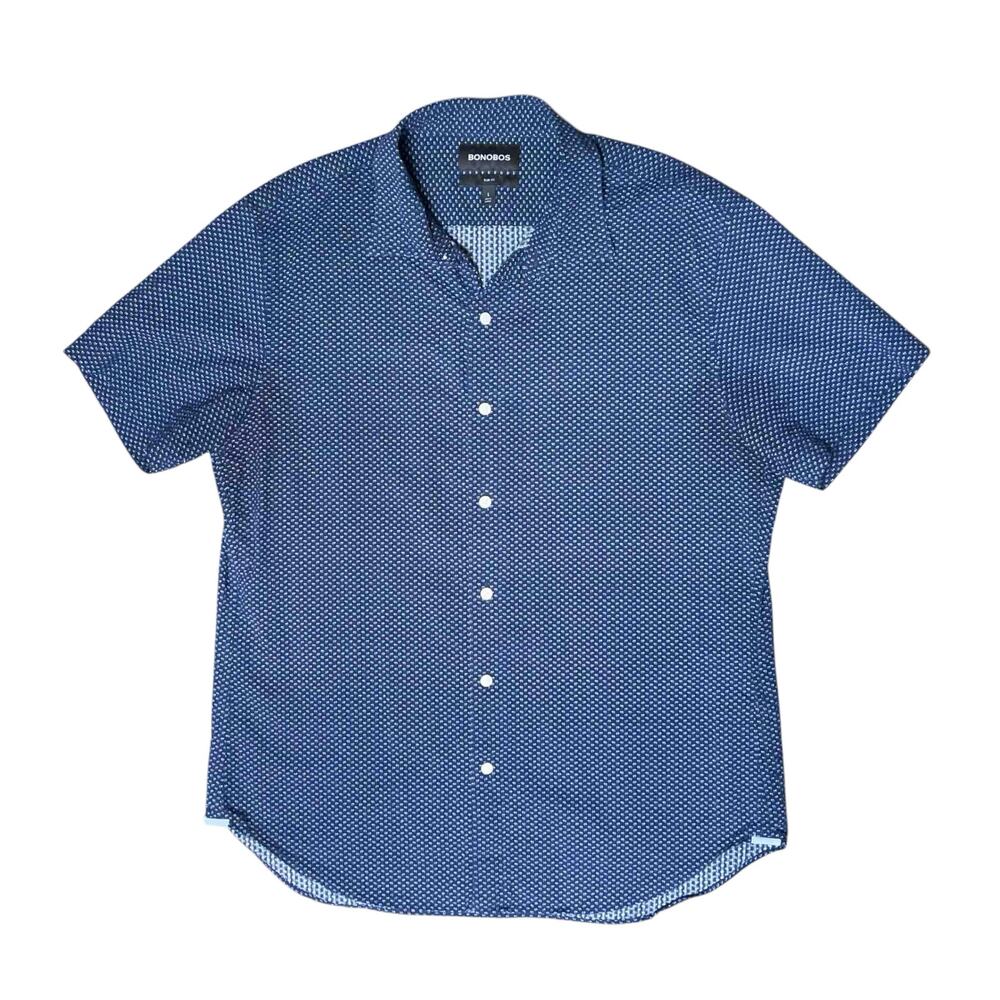 Bonobos Men's Riviera Slim Fit Short Sleeve Button-Front Geo Print Shirt L Navy